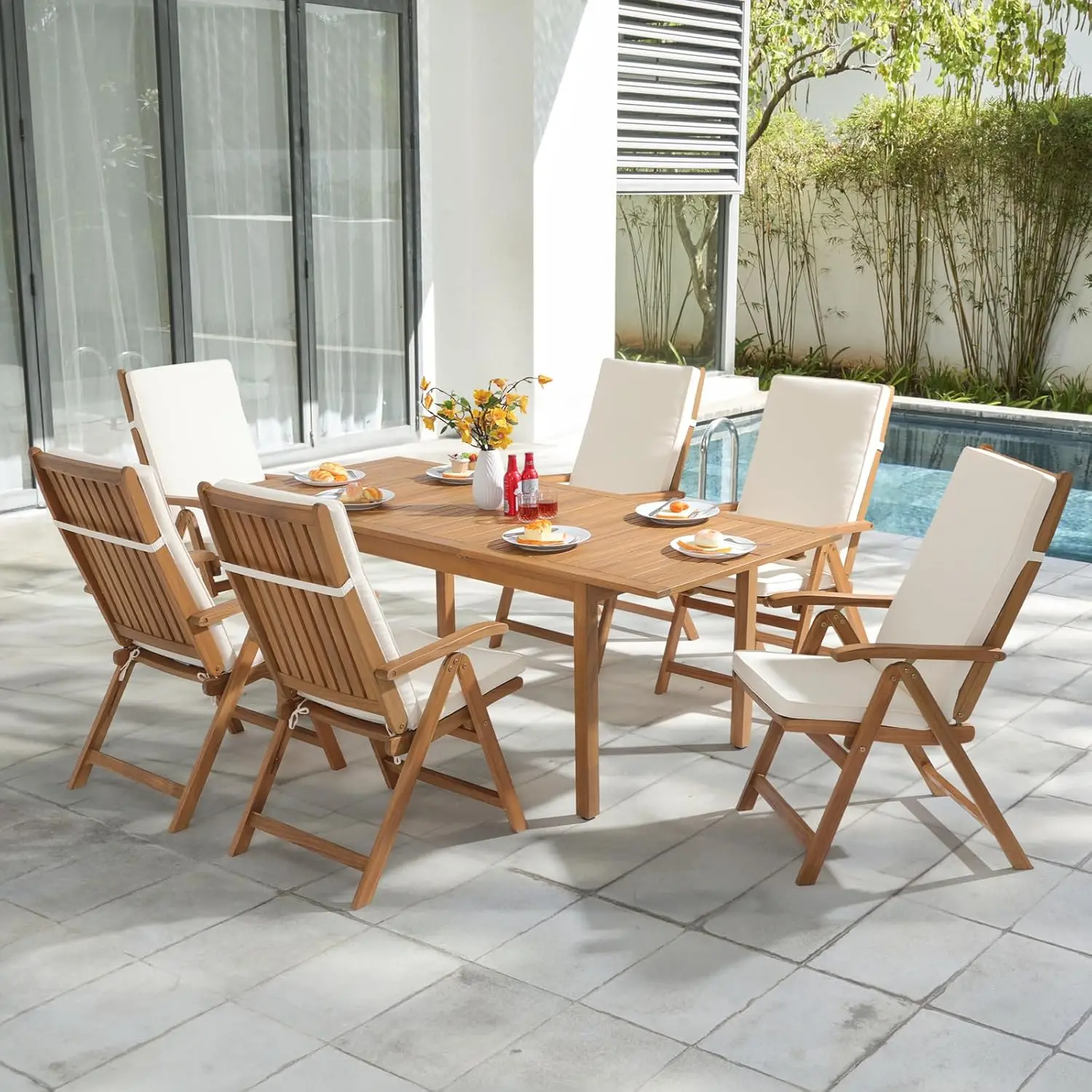 OC Orange Leisure 7-Piece Terrace Dining Set with Expandable Table and 6 Foldable Lounge Chairs, FSC Certified