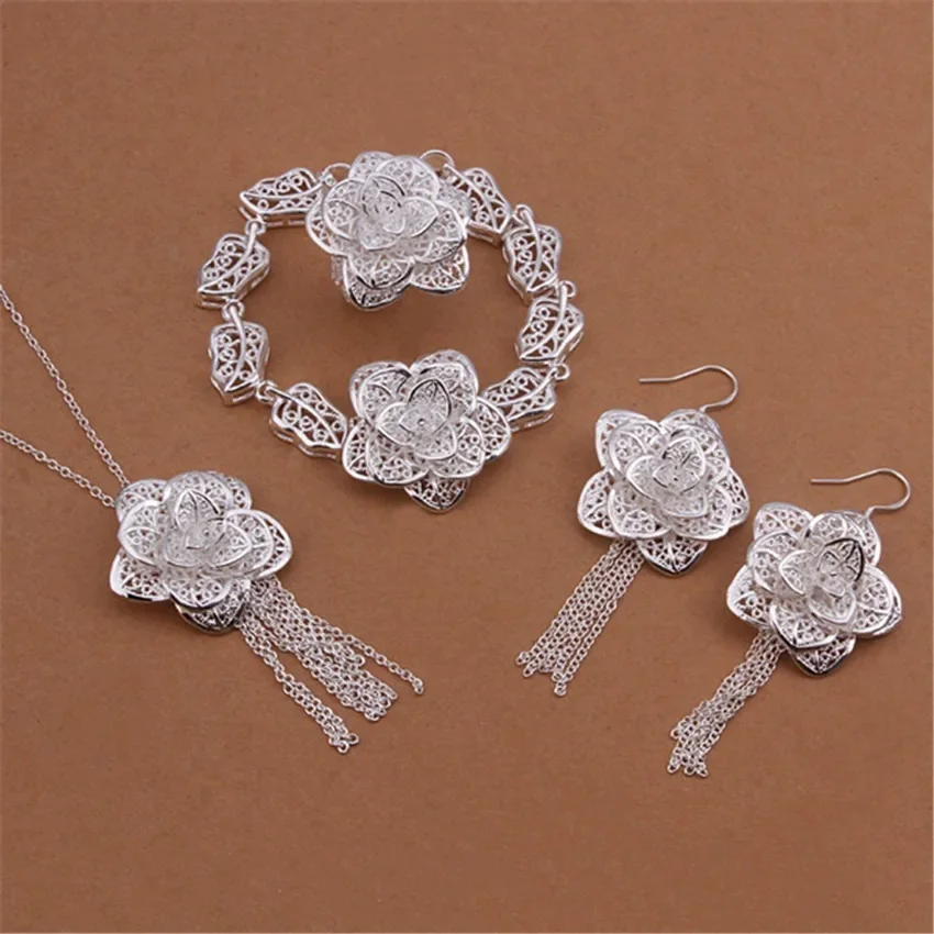 

charm 925 Sterling Silver Jewelry sets for women fine flower earrings necklace ring bracelet Fashion Party wedding girl