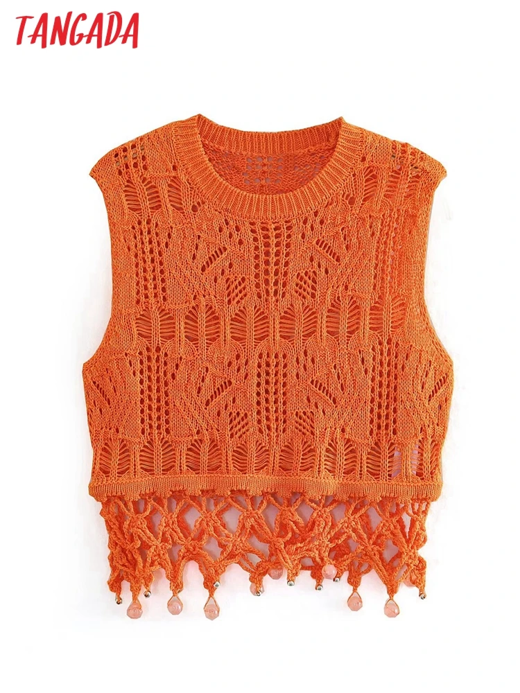 Tangada 2023 Summer Women Beading Orange Hollow Knit Camis Crop Top Sleeveless Short Tank AB27