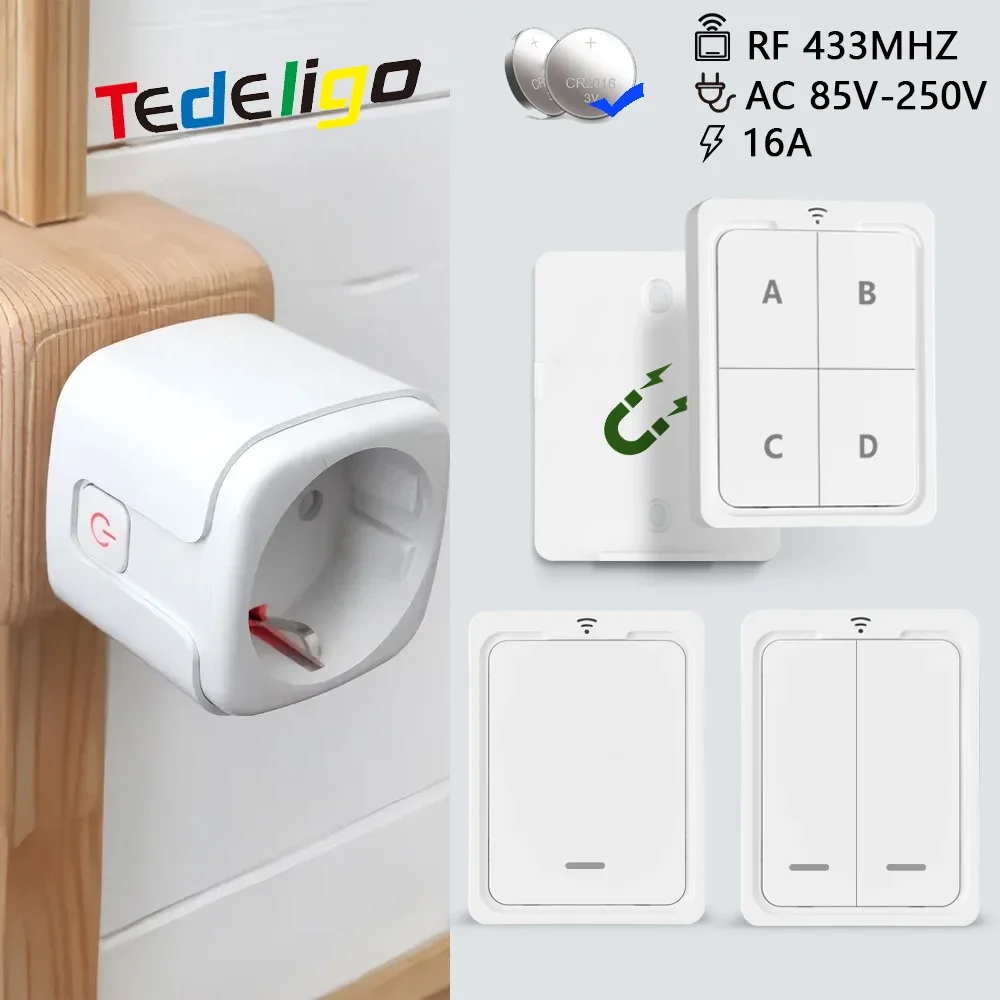 433MHz Electrical Socket Wireless Remote Control Plug 220V 16A  EU FR Standard Outlets No Drilling No Pipe for Light Fan ON OFF