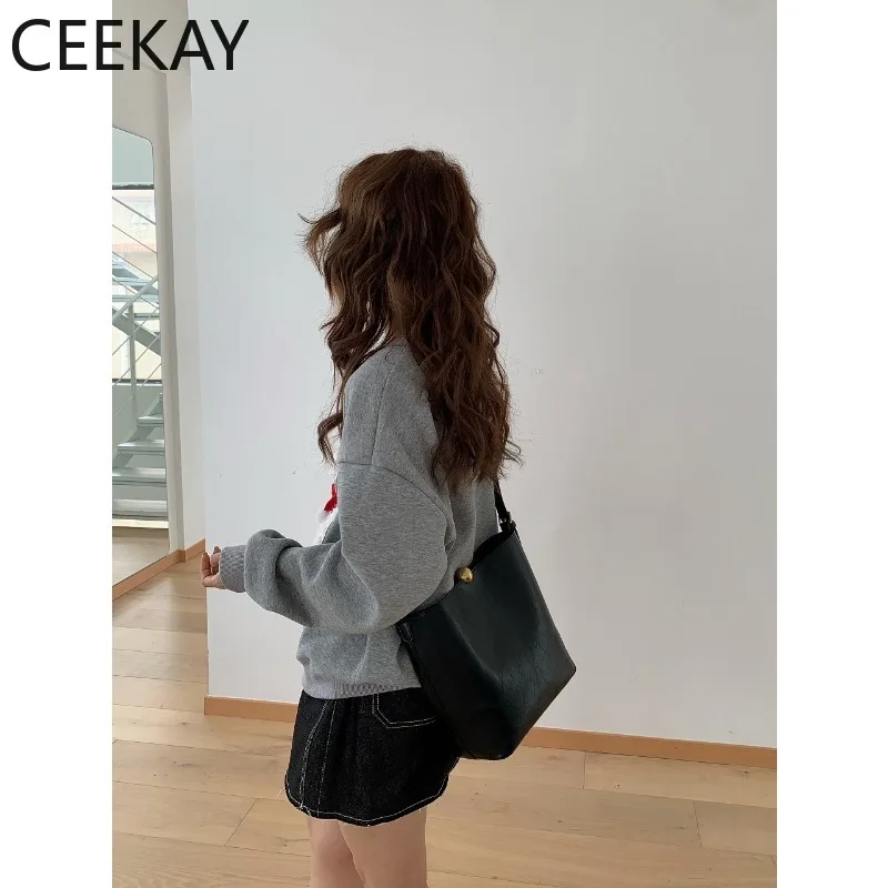 CEEKAY 2026 New Black Leather Bucket Bag Minimalist Shoulder Bag Gold Ball Snap Elegant Handbag for Women Tote Bags for Women