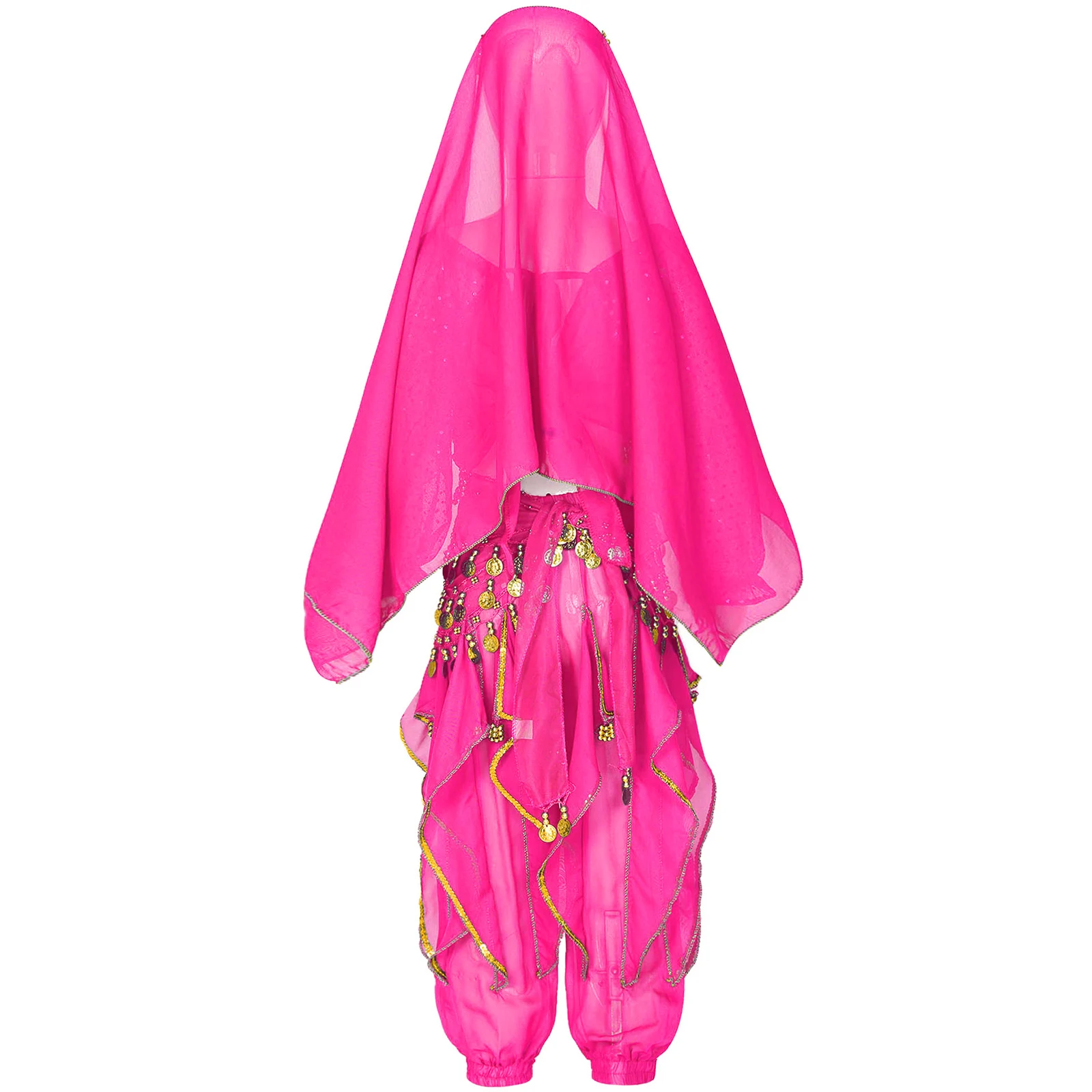 Kids Girls Belly Dance Costume Sets Lace-Up Back 3/4 Sleeve Sequins Tassel Crop Top Ruffled Pants Hip Scarf Headscarf