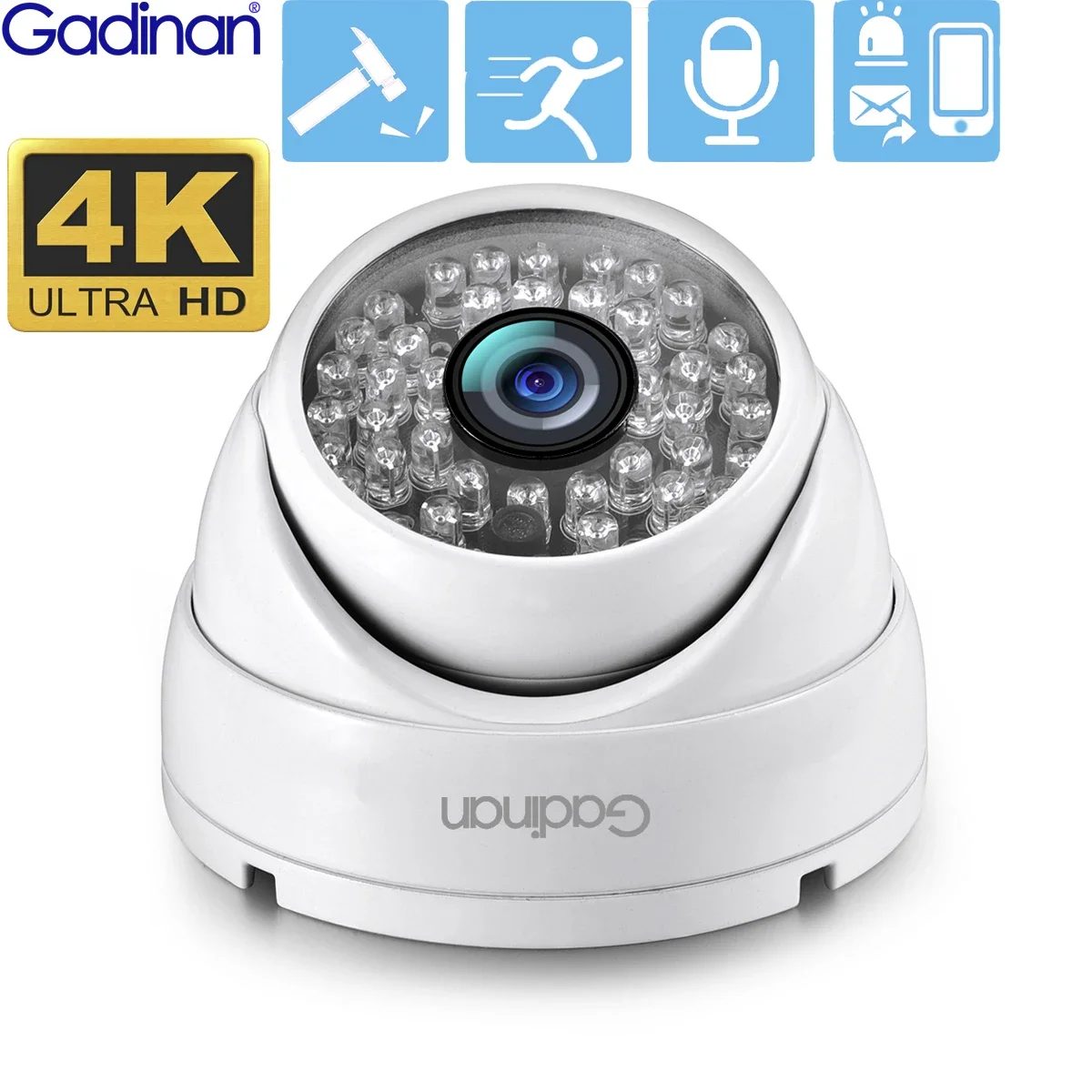 Gadinan 8MP 4K IP Camera H.265 Onvf CCTV White Dome Waterproof IR 48V POE Body Security Camera