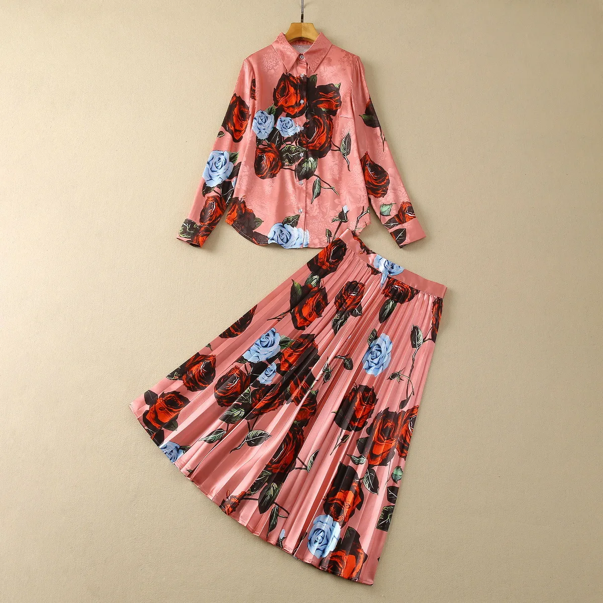 

European and American women's clothes 2024 spring new Long-sleeved pink rose print shirt Pleated skirt Fashion suit