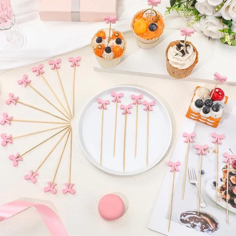 (BF06)100pc Bow Wooden Cocktail Picks Disposable Bamboo Fruit Skewers For Wedding Birthday Party Decor Cupcake Toppers Appetizer