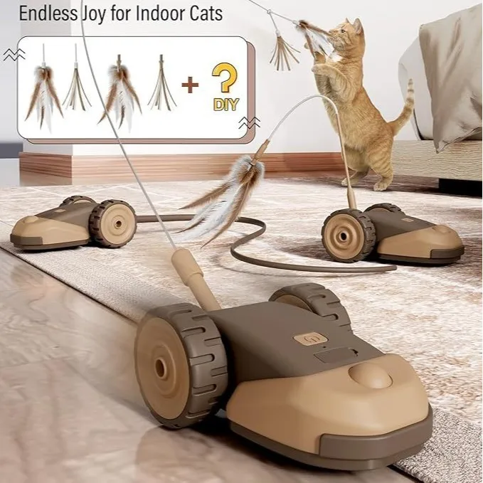 Dual-Speed Interactive Cat Toy Car, Auto Moving Feather Wand with Replaceable Heads for Indoor Cats Self-Play gallery 5