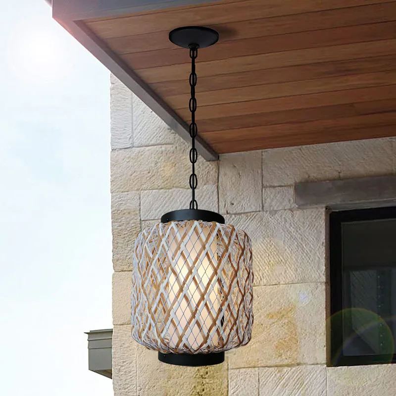 Woven Rattan And Iron Pendant Light Villa Garden Balcony Decorative Fixture Courtyard Corridor Outdoor Waterproof Small Hanglamp