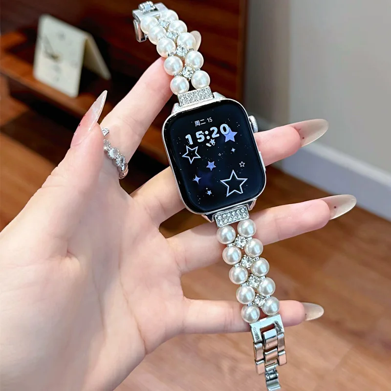 Elegantes Damen-Armband mit Perlen und Diamanten für Apple Watch Series 11 10 9 8 7 6 SE3 5 4 Ultra3 für iWatch 46/49/45/44/42/41/40/38