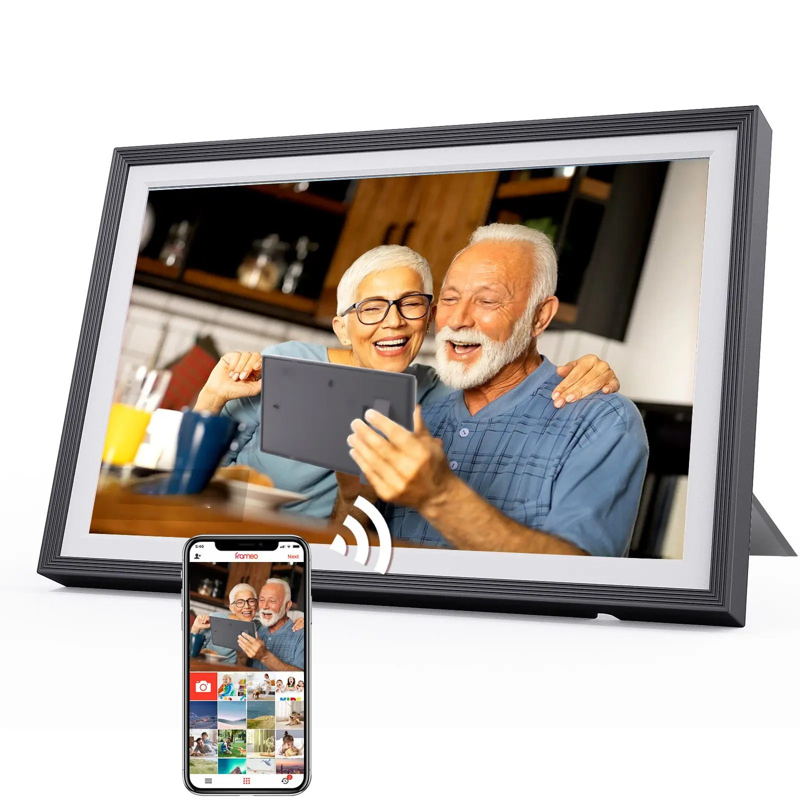 Smart Digitaler Bilderrahmen mit WiFi Fotoübertragung, 1280x800 HD IPS Display, 32GB Speicher, Körper Sensor, Frameo App, Elektronischer Fotorahmen für Fotos & Videos, Intelligenter Wandbilderrahmen