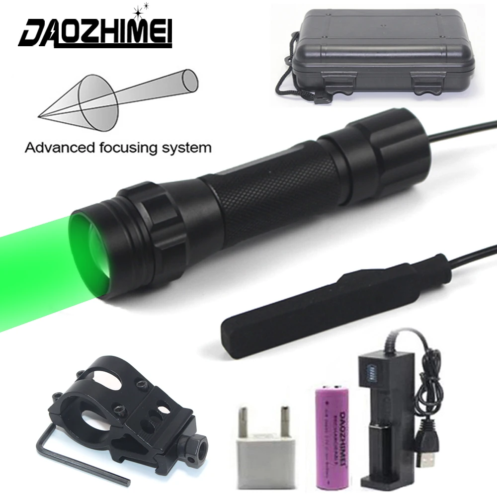 

Green Tactical Waterproof Led Flashlight Zoomable Hunting Lantern+Rifle Scope Airsoft Mount Clip+Remote Switch+18650+USB Charger