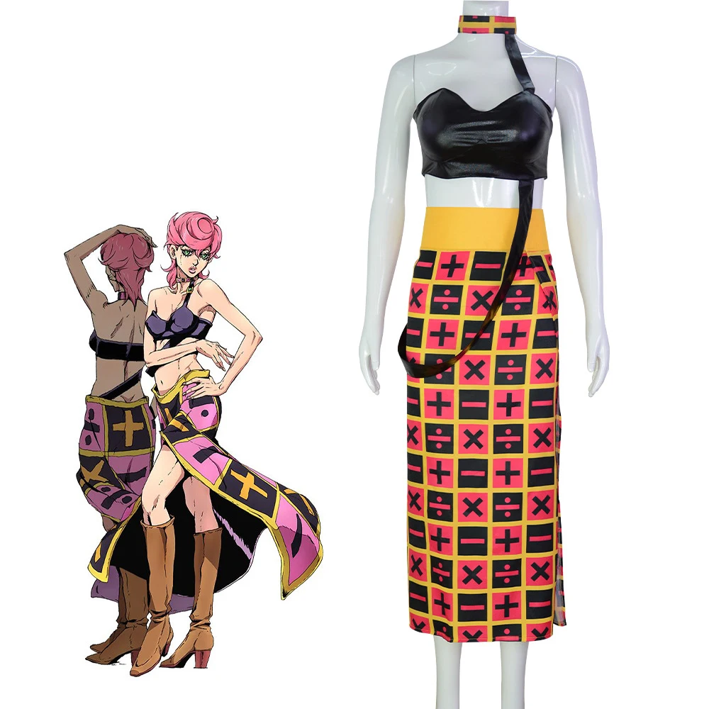 Woman Sexy Carnival Party Suit Anime JOJO's Bizarre Adventure Golden Wind Trish Una Cosplay Costume PU Tube Tops Plaid Skirt view 2