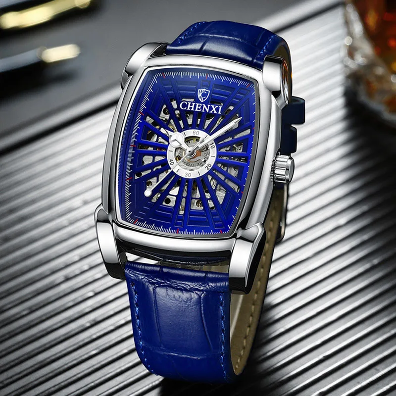 

Chenxi Mechanical Watch Men Blue Watches Leather Band Automatic Self-Wind Mechanical Wristwatches Men Skeleton Watches Reloj