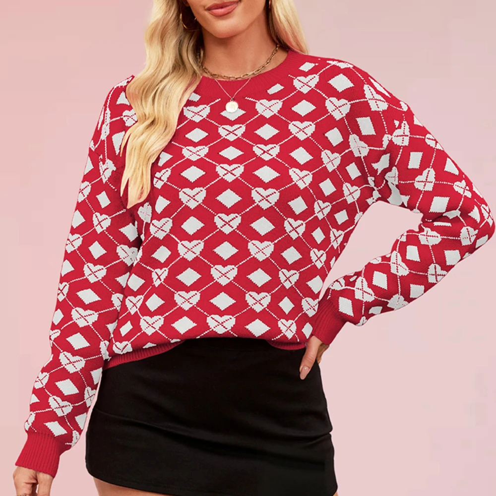 

Осенне-зимний вязаный свитер с узором в виде сердца, круглый вырез, верхний стиль, большой размер, женский топ с дизайном в виде сердца на День святого Валентина