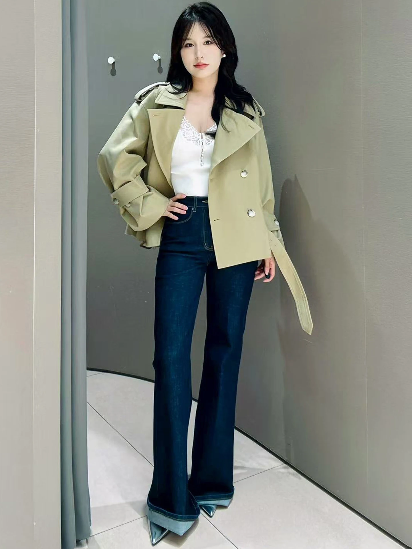 여성 더블 브레스티드 트렌치 코트 2025 가을 워크웨어 스타일 솔리드 컬러 패션 재킷 코트 여성