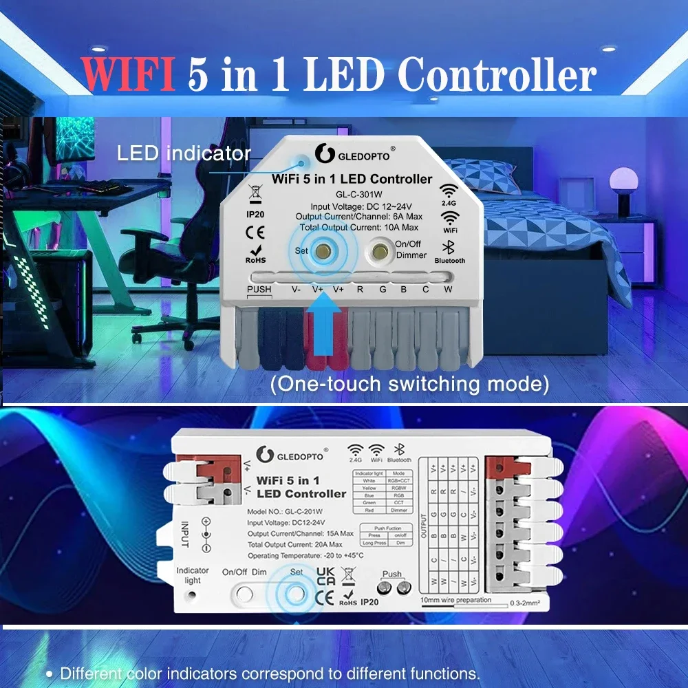 GLEDOPTO (WiFi+TUYA) Ultra Mini 5 in 1 LED Strip Controller DC12V-24V Tuya Smart Life App Voice Control