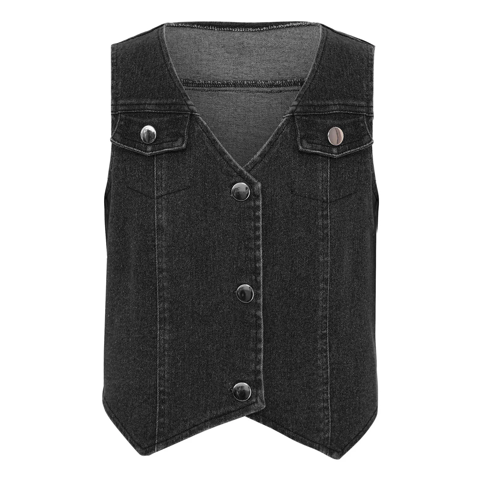 

Kids Girls Denim Vest Crop Top V-neck Sleeveless Button Asymmetrical Hem Waistcoats for Holiday Steampunk Cowboy Jacket Coat