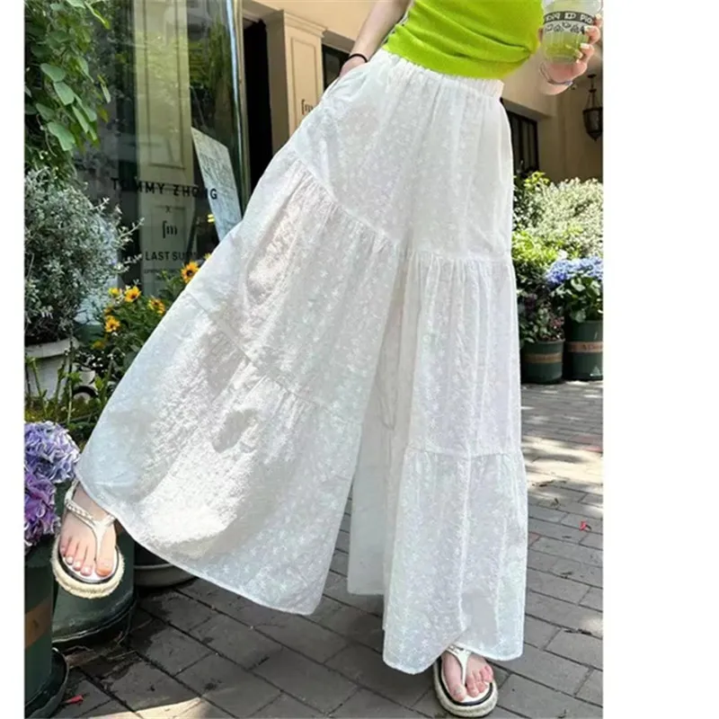 

Korean Fashion Embroidery Jacquard Skirt Pants Female Clothing Summer Baggy Elastic Waist Culottes Women's Wide Trousers
