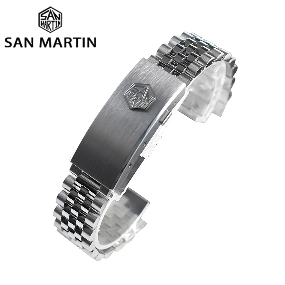 

San Martin Jubilee Bracelet Stainless Steel Watch Parts For 20mm Curved End Links Fly Adjustable Clasp For SN0008 SN0128