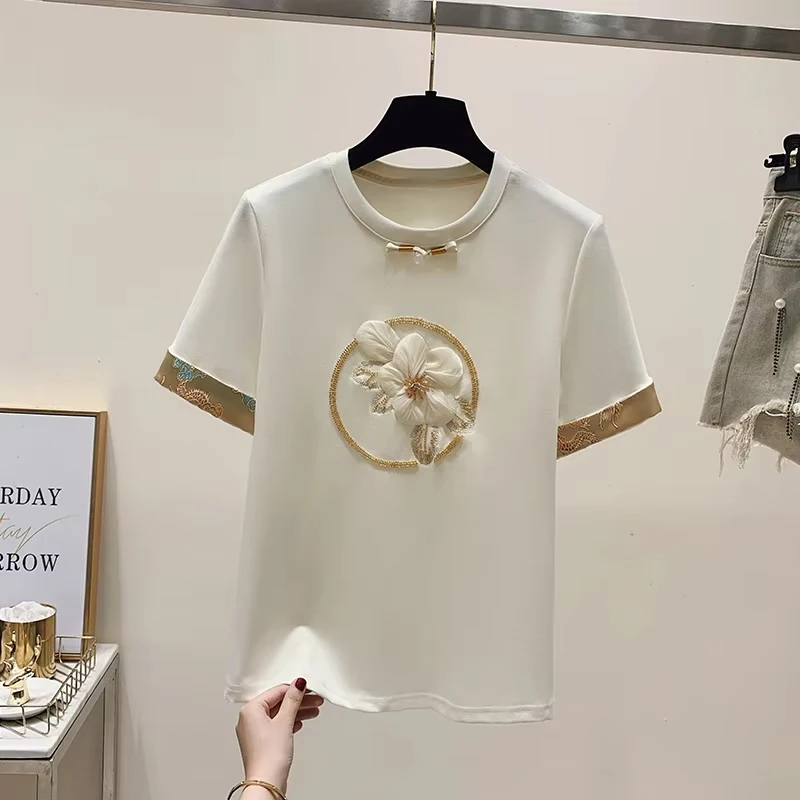 Flower embroidery Fashion Plant Trend Style Short Sleeve Women Graphic Tee Summer T Clothing Female Clothes Casual T-shirts chic
