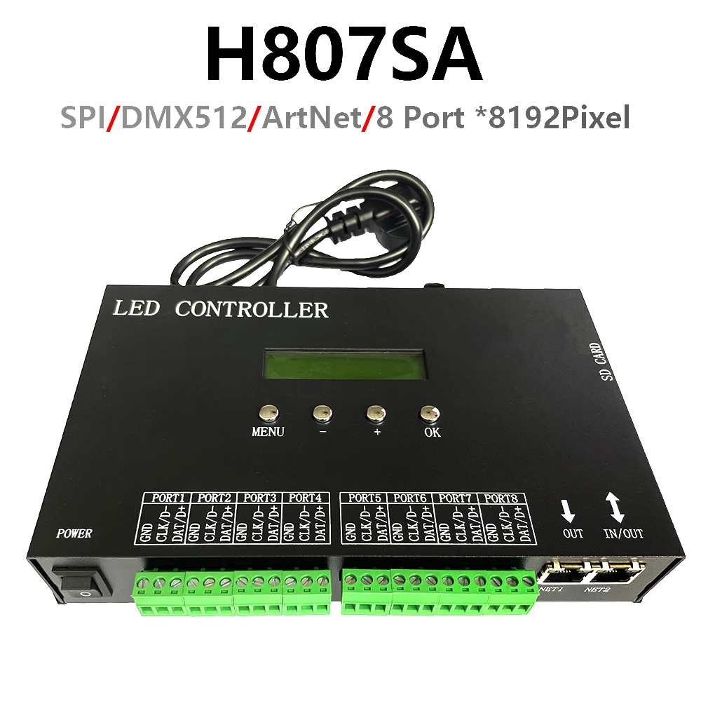 H807SA 8 Port Madrix Artnet To SPI Controller 8192 Pixel WS2811 WS2812 WS2815 For Led RGB Strip Lights Connected Detachable card