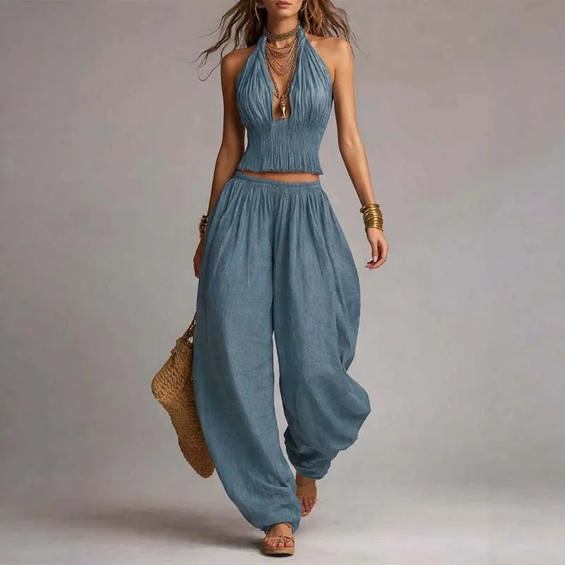 Women's Solid Casual Boho 2 Piece Outfit Sleeveless Halter Smocked Crop Top & Elastic Waist Harem Wide Leg Pants Vacation Summer