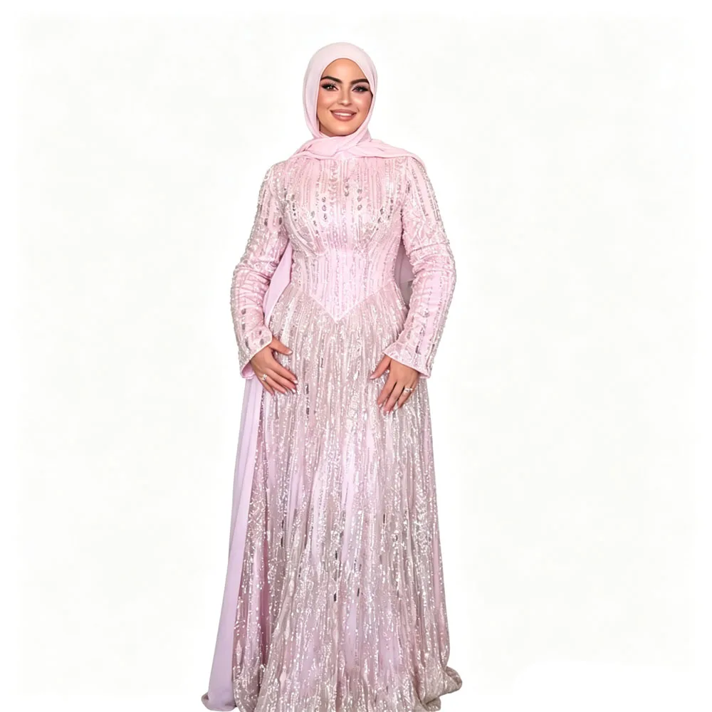Muslimische rosa Perlen-Pailletten-Abendkleider, A-Linie, lange Ärmel, Abendkleid, arabischer Hochkragen, Hochzeitsfeierkleider, maßgeschneidert 2026
