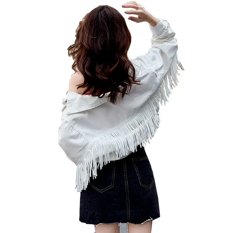 

Women's Coat Tassel Denim Jacket, Spring and Autumn Short Jacket, Long Sleeved White Top, Denim Clothes