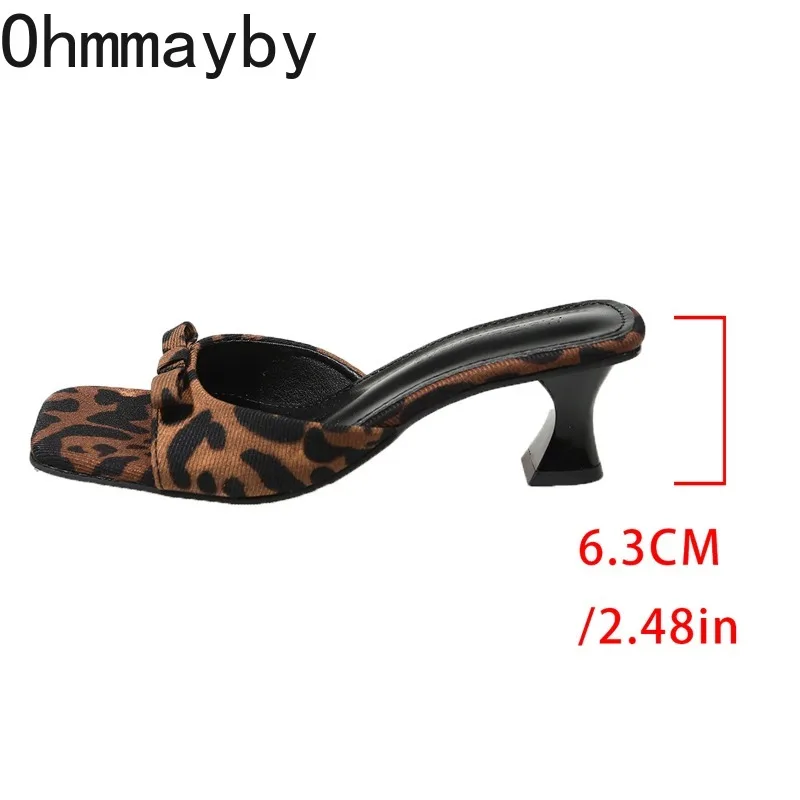 Summer Square Toe Fashion Leopard Women Slippers Concise Women's Butterfly-knot Vacation Shoes Elegant Low Heel Dress Slide view 6