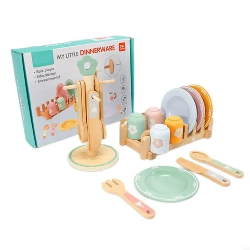 

A5YC Kids Wooden Pretend Kitchen Set Learning Toy With Dish Rack Ages 3+