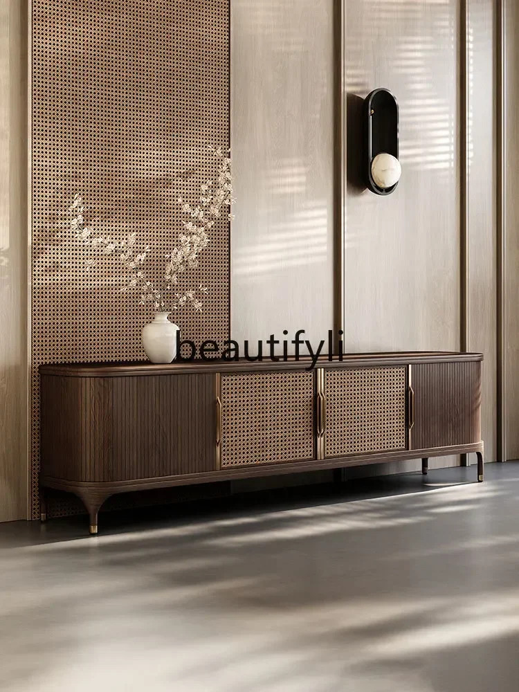 

SS ss7486 Medieval walnut TV cabinet retro rattan floor cabinet living room new Chinese TV storage cabinet