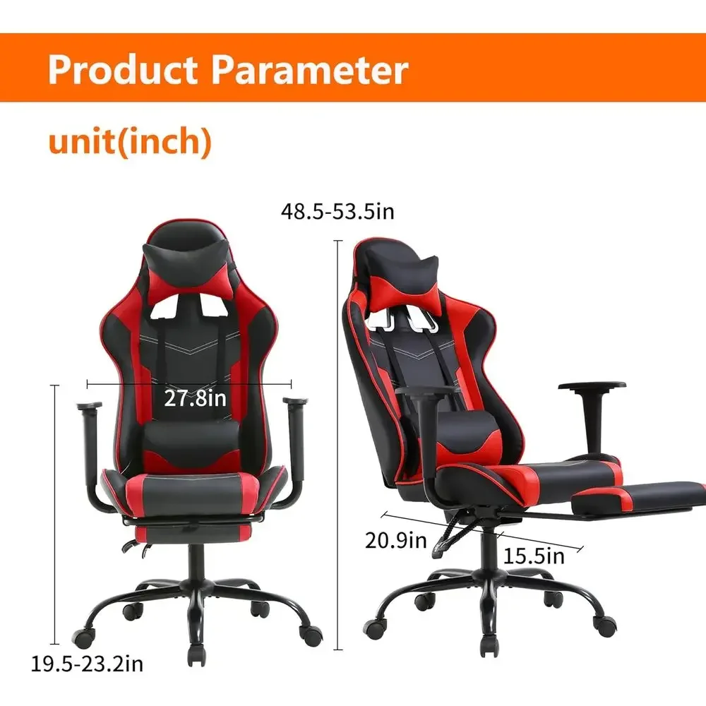 Ergonomic PU Leather Gaming Chair with Lumbar Support and Footrest for Men and Women, Red view 3