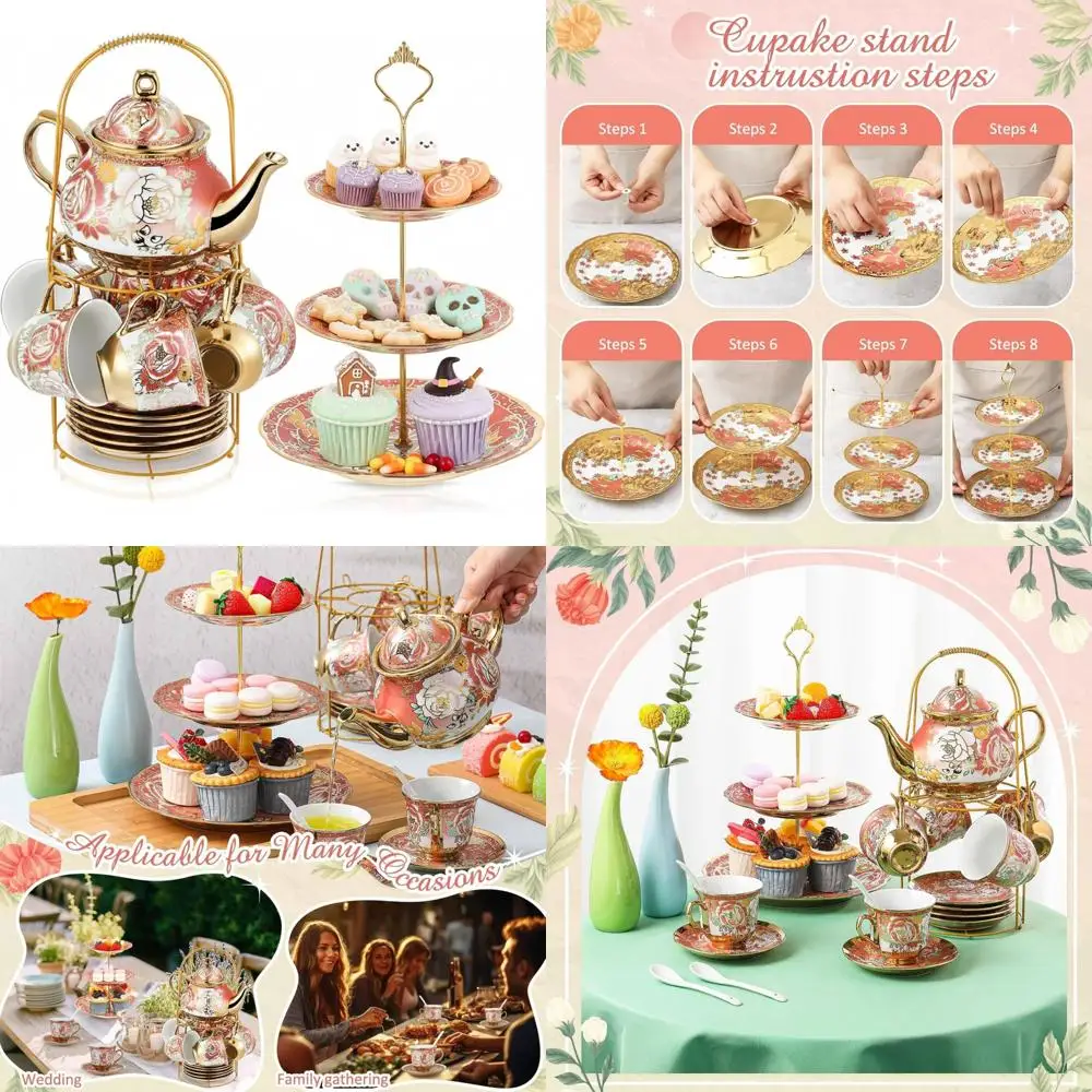 

Adults European Style 21-Piece Tea Party Set with 3-Tier Ceramic Cake Stand and Metal Holder, Porcelain Flower Design