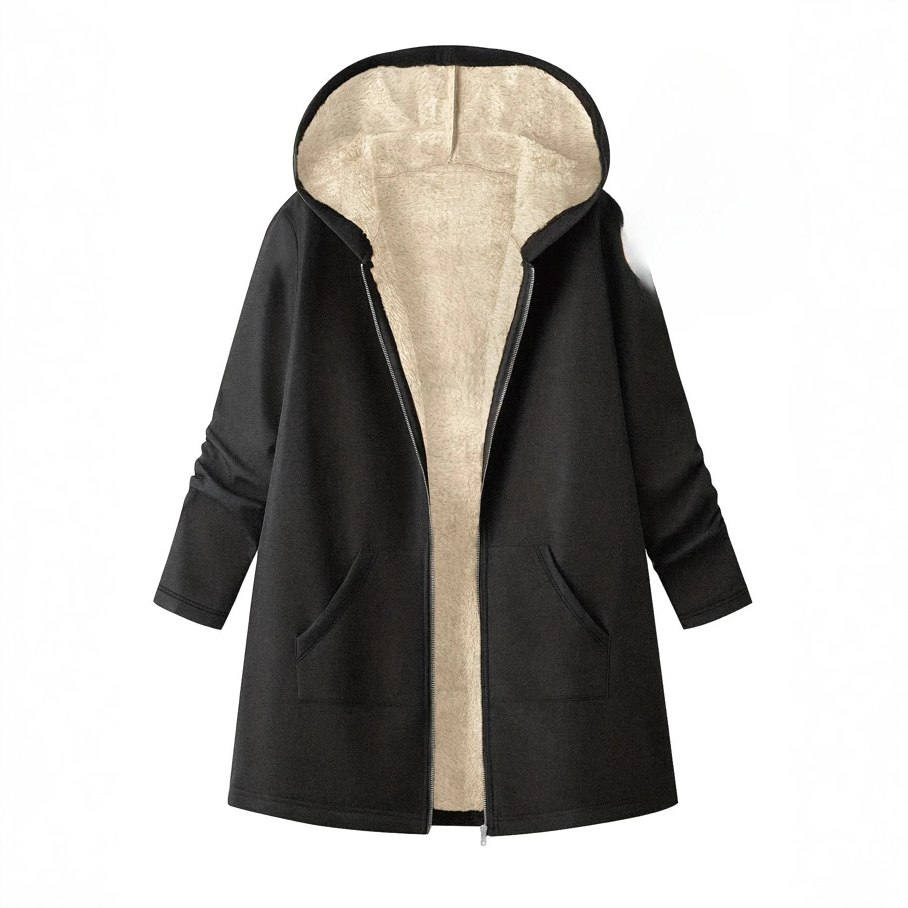 

2025 Autumn amd Winter New Mid to Long Hooded Coat Solid Color Plush Coat