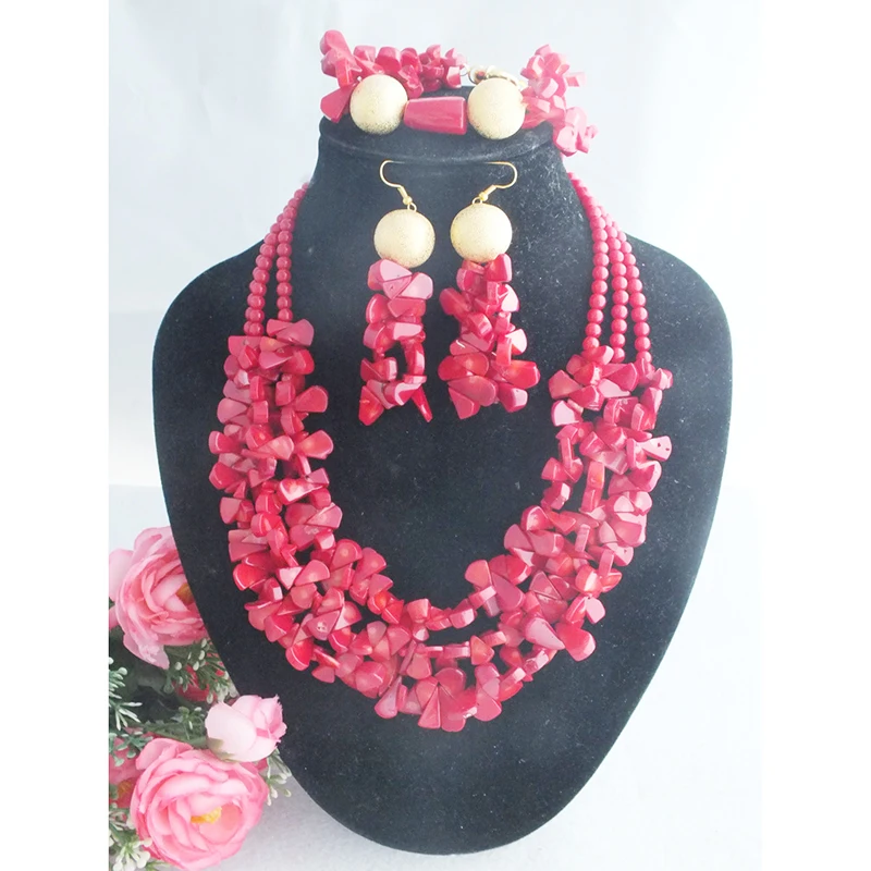 Fashion African Wedding Women Red Coral Beads Bridal Jewelry Sets Necklace Bracelet And Earrings  21