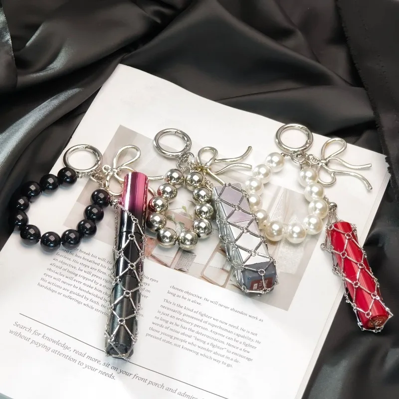 Fashion Lipsticks Protective Keychain Metal Net Pocket Lipstick Bag Key Chain Portable Makeup Pouch Lip Balm Bag Girlfriend Gift