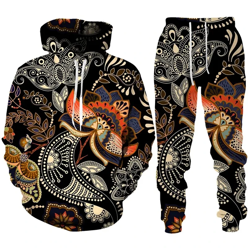 

2025 Fashion 3D Printed Sports Hoodie and Pants Set Color Cashew Flower Men's and Women's Two Piece Set Paisley