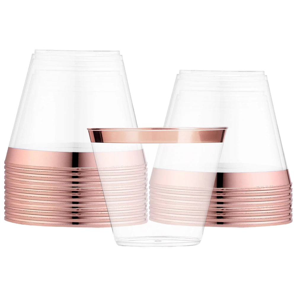

25pcs Party Glasses Clear Plastic Cups for Drinking 9oz Transparent Gilt Rim Disposable Beverage Water
