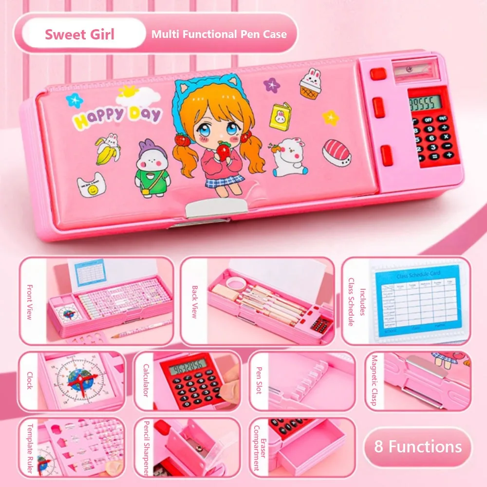 Plastic Pencil Case With Calculator/Pencil Sharpener Fun Mechanism Design Stationery Storage Box Multi-Functional Large Capacity