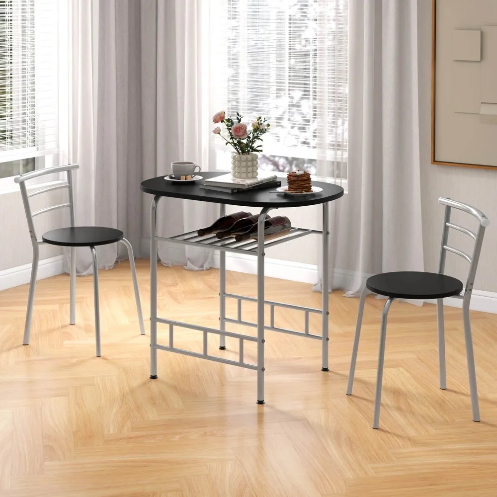 

3 Piece Dining Set Table 2 Chairs Bistro Pub Home Kitchen Breakfast Furniture Black with Sliver Leg