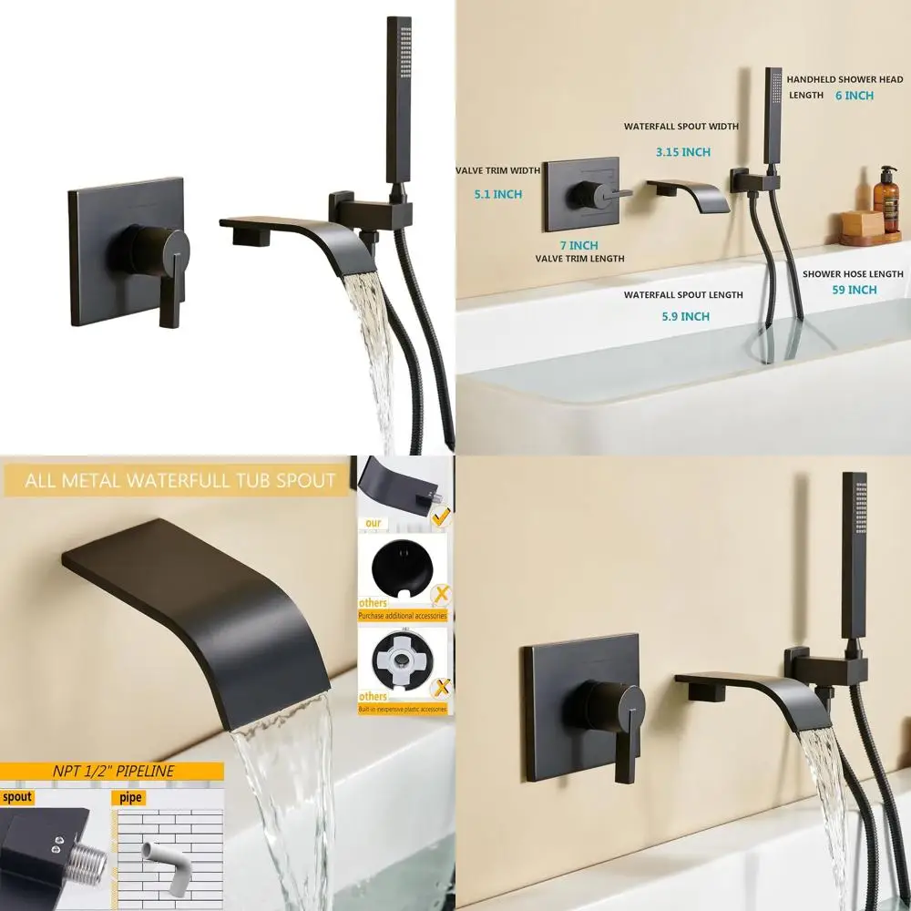 

Матовый черный настенный смеситель для ванны с одной ручкой, ручным душем и изливом-водопадом