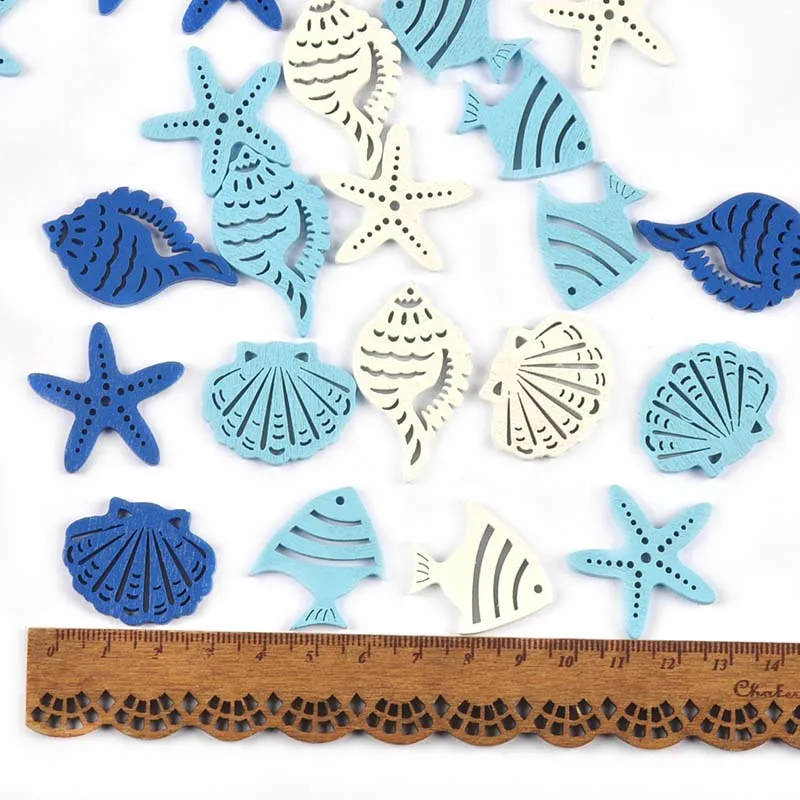 10/25pcs 3-6cm Mixed Blue White Fish/Seashells/Starfish Wood Slices DIY Scrapbook Crafts Wooden Hanging Ornaments Home Decor