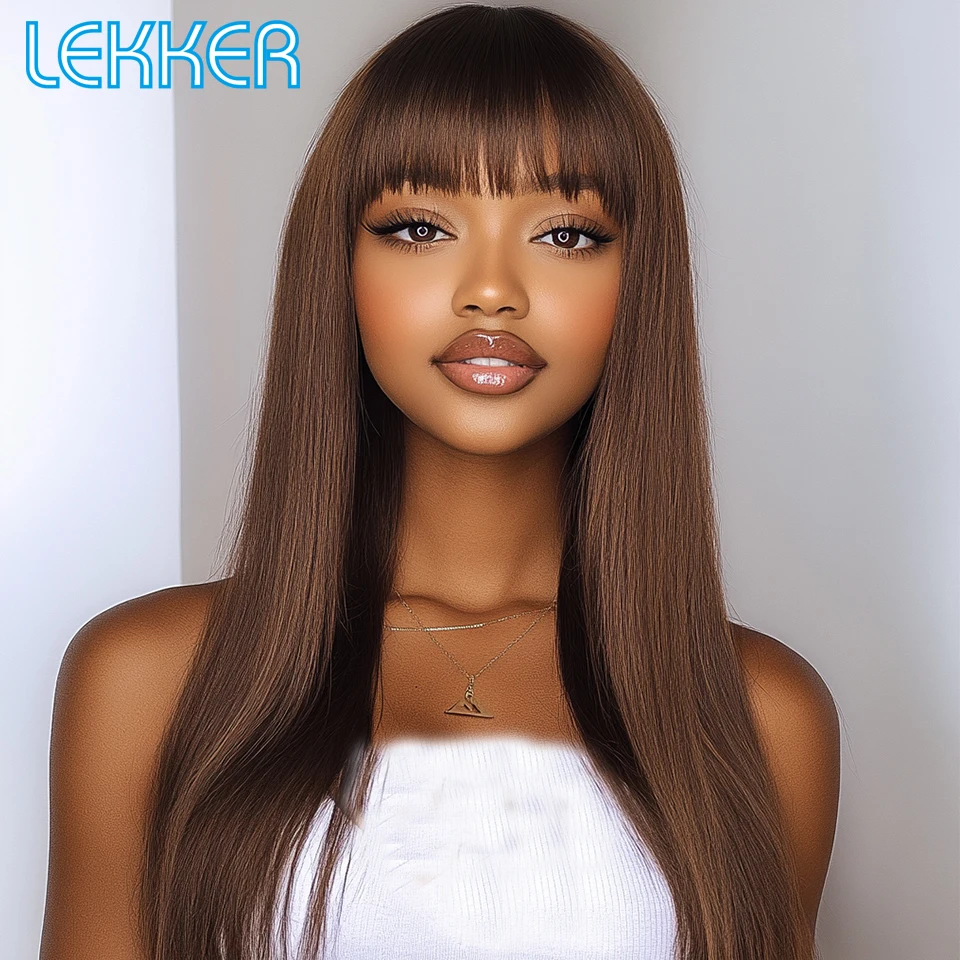 

Lekker Chocolate Brown Bone Straight 100% Human Hair Wigs With Bangs For Women Brazilian Remy Hair Full Machine Made 22" Wigs