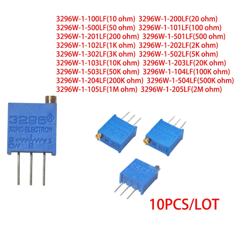 10PCS/LOT 3296W potentiometer precision adjustable resistance multi-turn 103 503 100R 200R 1K 2K 5K 10K 100K Trimmer Potentiomet