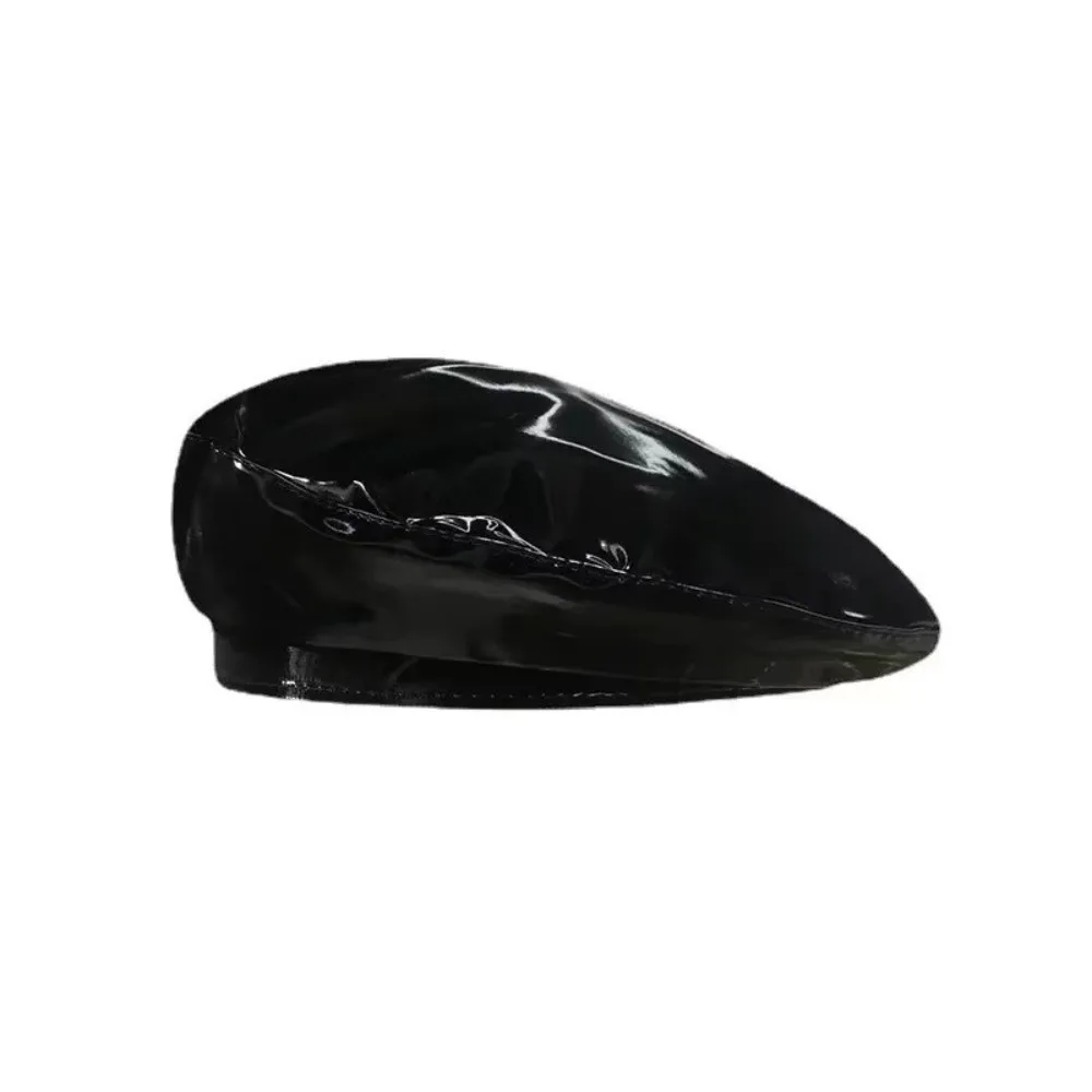 Trendy Versatile PU Leather Beret Retro Solid Color Glossy Leather Beret Bright Korean Style Painter Beret Cap for Men and Women