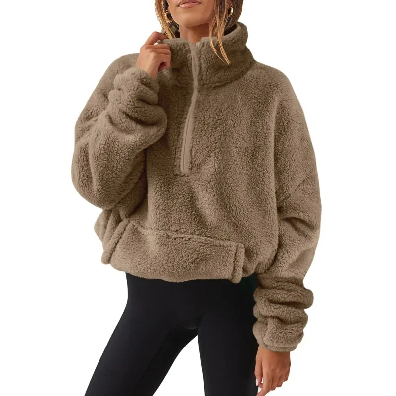 Women's New Autumn and Winter Double-sided Cashmere Thickened Semi-high Collar Zipper Stand Collar Casual Short Hoodie