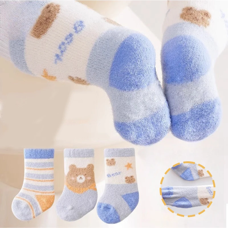 3 Paar Kinder-Wintersocken, niedlicher Cartoon-Bär, Kaninchen, dicker Plüsch, warme Mittelrohrsocken für Jungen und Mädchen, Neugeborene, Anti-Kälte-Schlafsocken – Detail 3