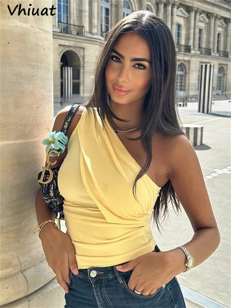 Vhiuat Yellow Y2K Chic Fashion Sleeveless One Shoulder Slim Tank Tops Streetwear 2024 Summer New Sexy Women Crop Top Night Club