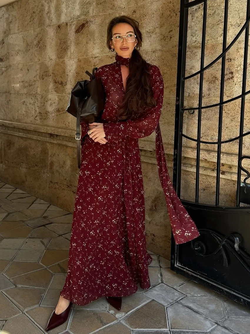 

Marthaqiqi Printing Ladies Nightwear Lace Up Sleepwear Long Sleeve Pajamas V-Neck Nightie Ankle-Length Dress Fashion Nightgowns