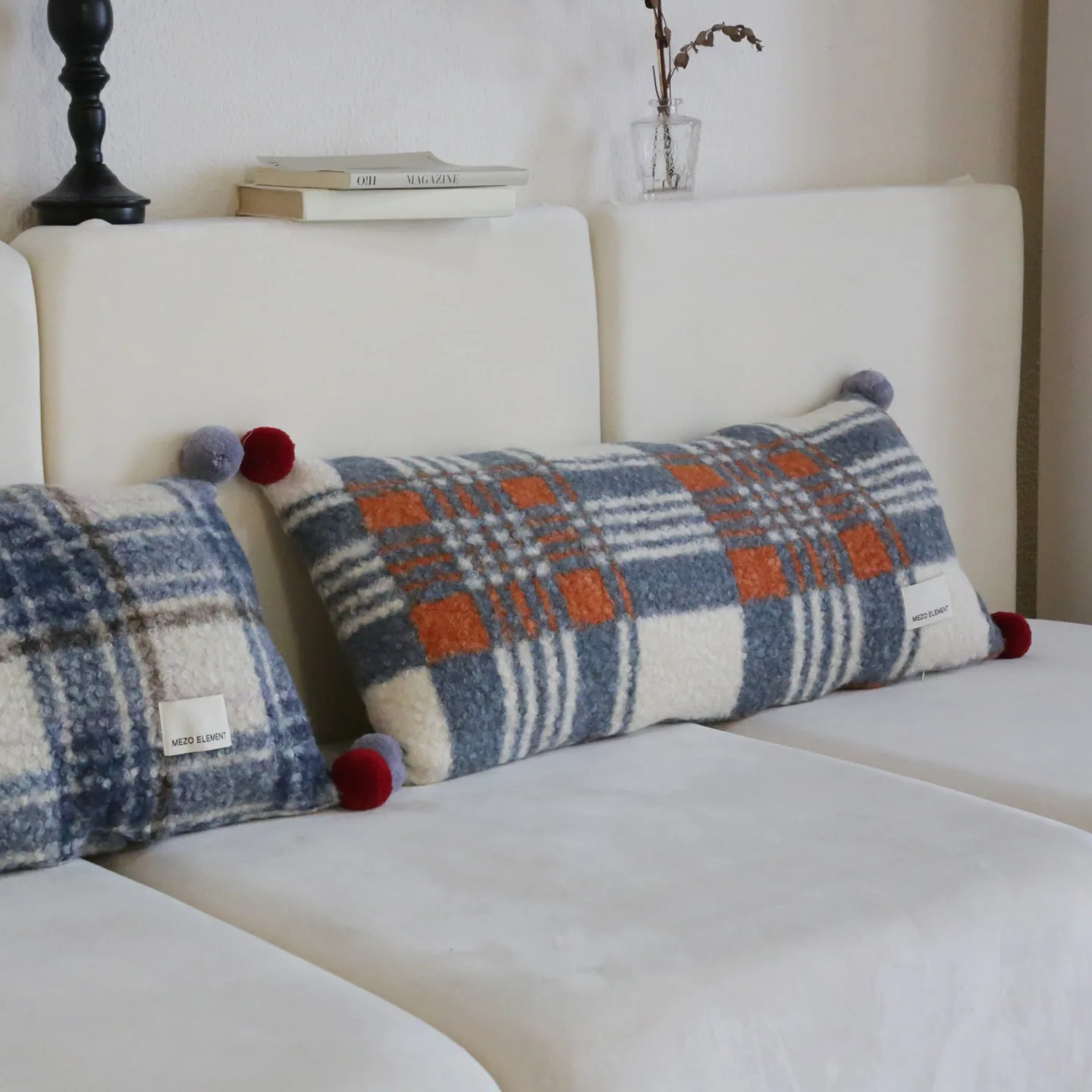 British-Style Blue Checked Long Pillow Cover 30x70cm Pom-Pom Decorative Lumbar Cushion Cover Sofa Decorative Pillowcase