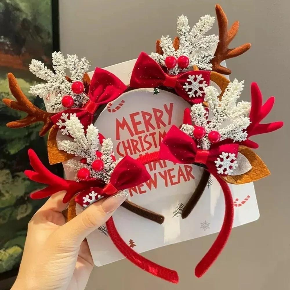 Cute Red Velvet Antler Hairband Velvet Bow Snowflake Christmas Reindeer Headband Berry Lightweight Holiday Headwear Winter